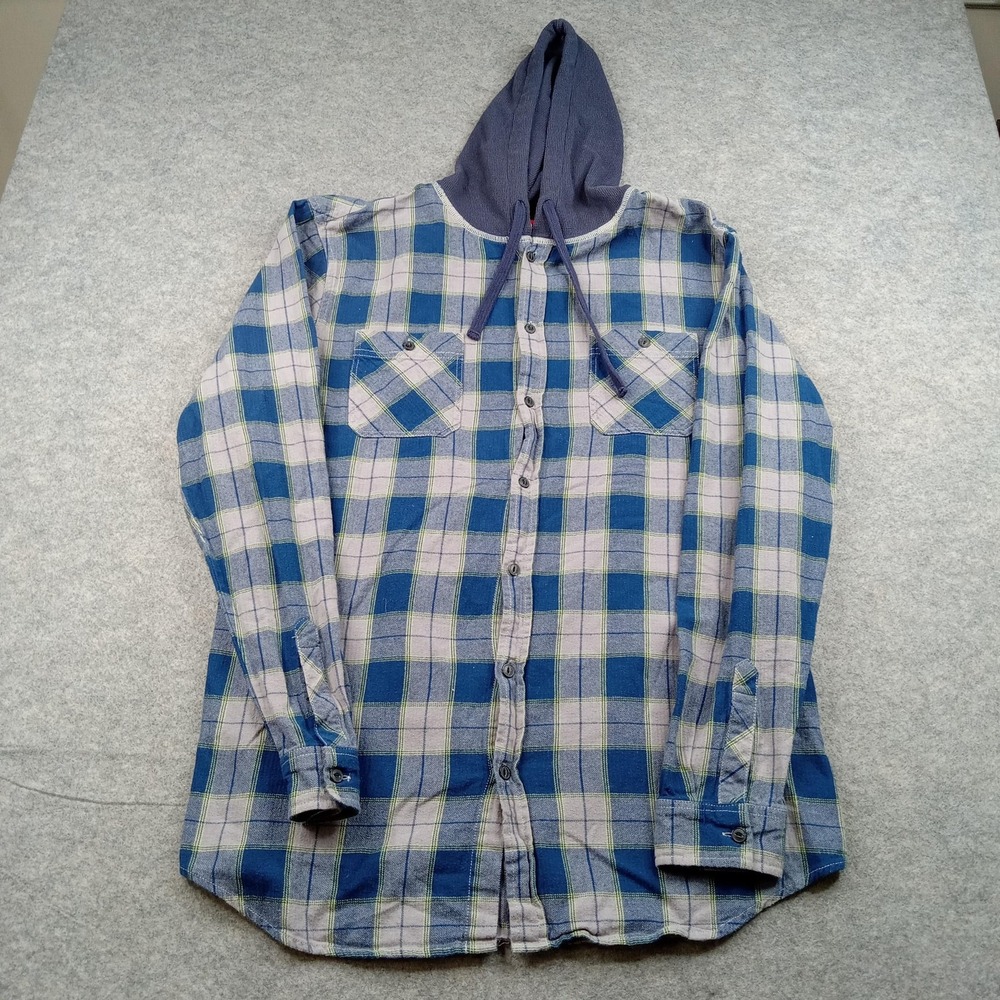 UNIONBAY Shirt‎ Mens XLT Blue Plaid Flannel Hooded Button Front Long Sleeve